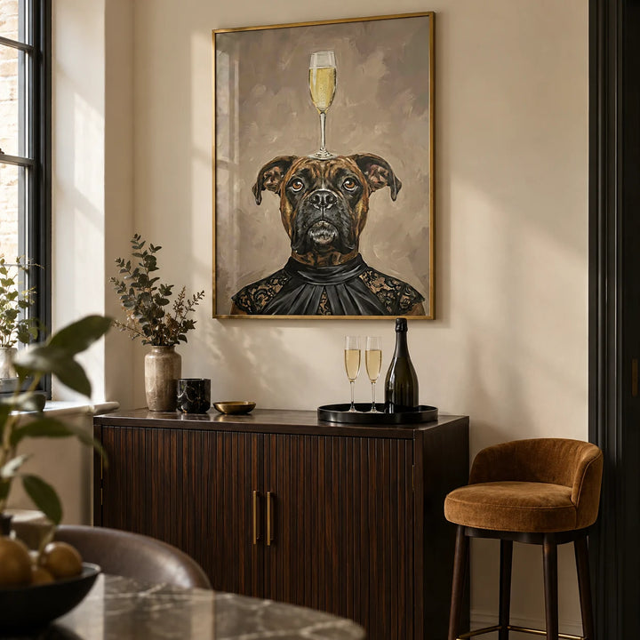 Boxer Dog Print, framed on the wall of a small home bar nook in a design-conscious UK flat with a warm cream wall and a dark brown wooden drinks cabinet in a living room