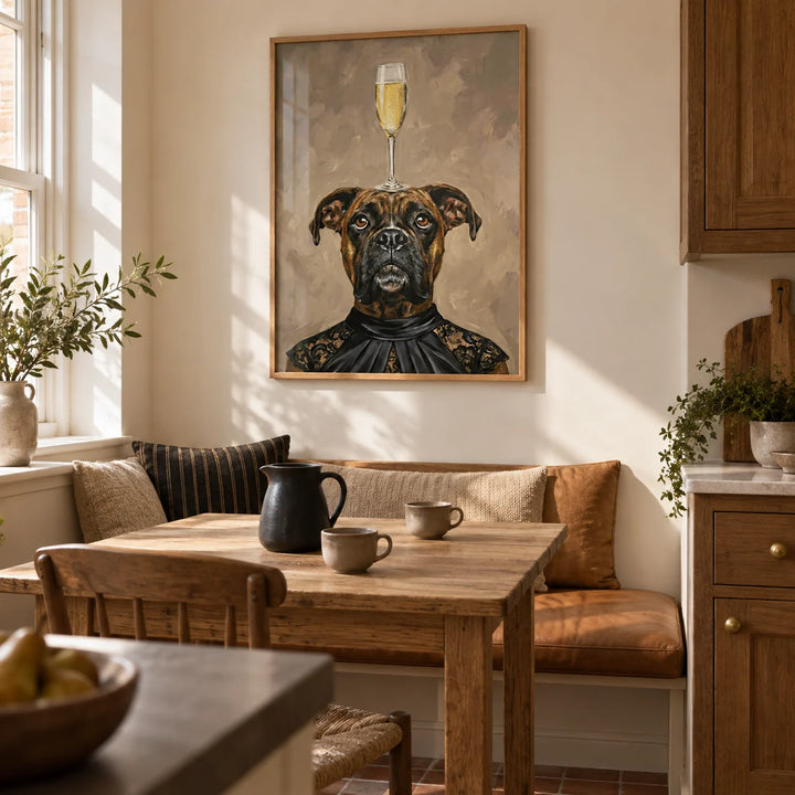Boxer Dog Print, framed on the wall of a welcoming kitchen breakfast corner in a UK terraced house with cream walls and warm brown timber cabinets