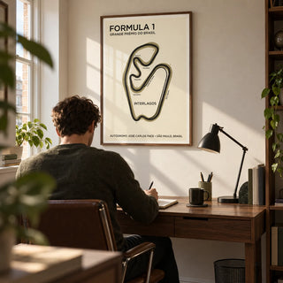 Brazilian Race Circuit Poster, framed on the wall of a compact study in a UK first flat for a racing enthusiast (25-35)