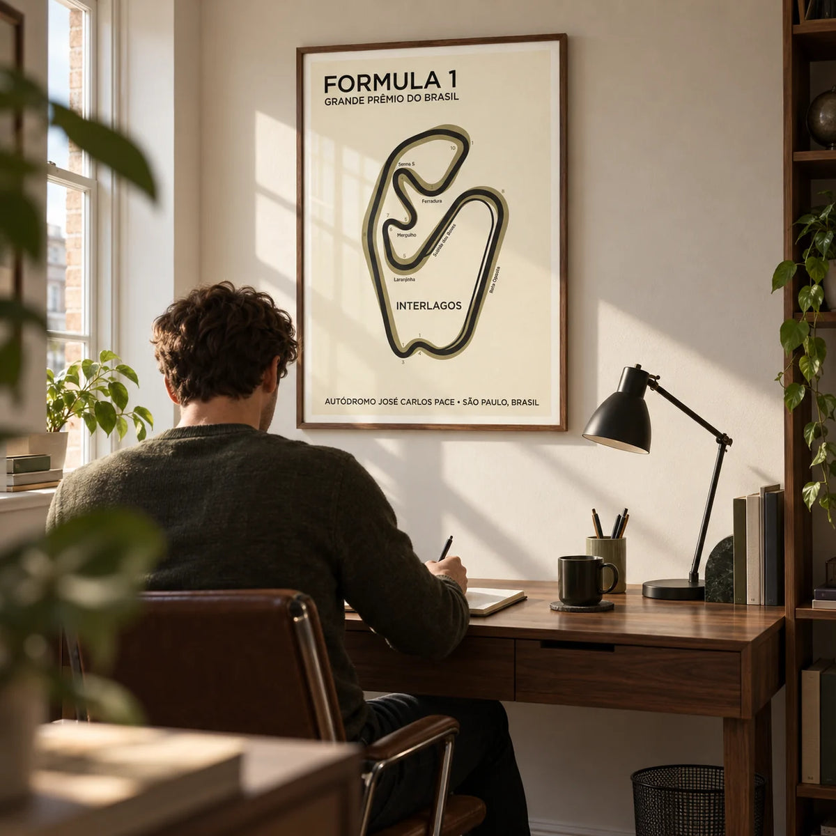 Brazilian Race Circuit Poster, framed on the wall of a compact study in a UK first flat for a racing enthusiast (25-35)