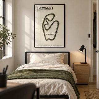 Brazilian Race Circuit Poster, framed on the wall of a modern motorsport enthusiast's single bedroom in a UK family home