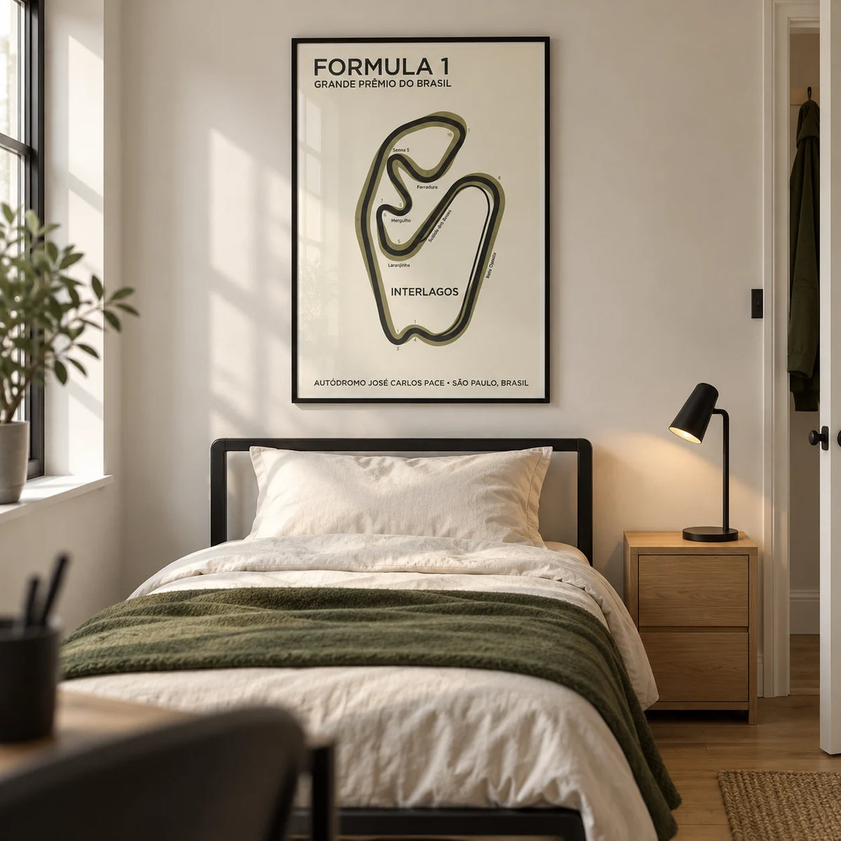 Brazilian Race Circuit Poster, framed on the wall of a modern motorsport enthusiast's single bedroom in a UK family home
