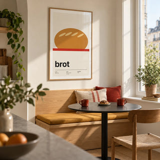 Bread Poster, framed on the wall of a compact breakfast nook in a first city flat for a couple aged 25-35 in a kitchen