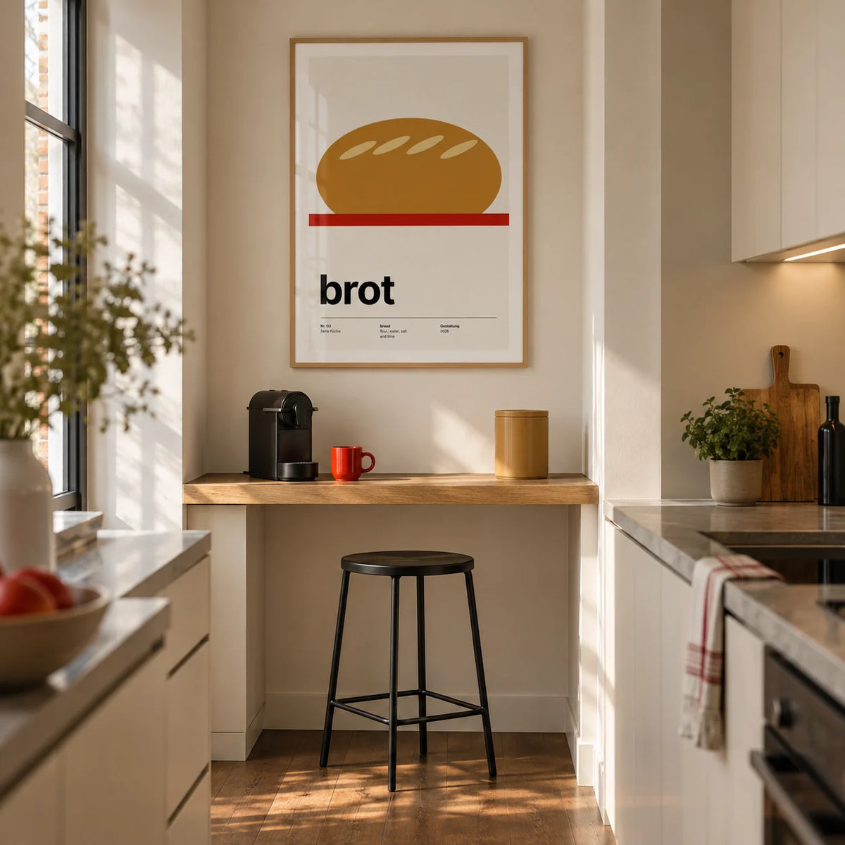 Bread Poster, framed on the wall of a contemporary galley kitchen in a Victorian conversion with ivory slab cabinets and a recessed coffee counter backed by a warm white wall
