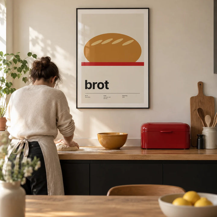 Bread Poster, framed on the wall of a modern kitchen in a UK terraced house with ivory walls