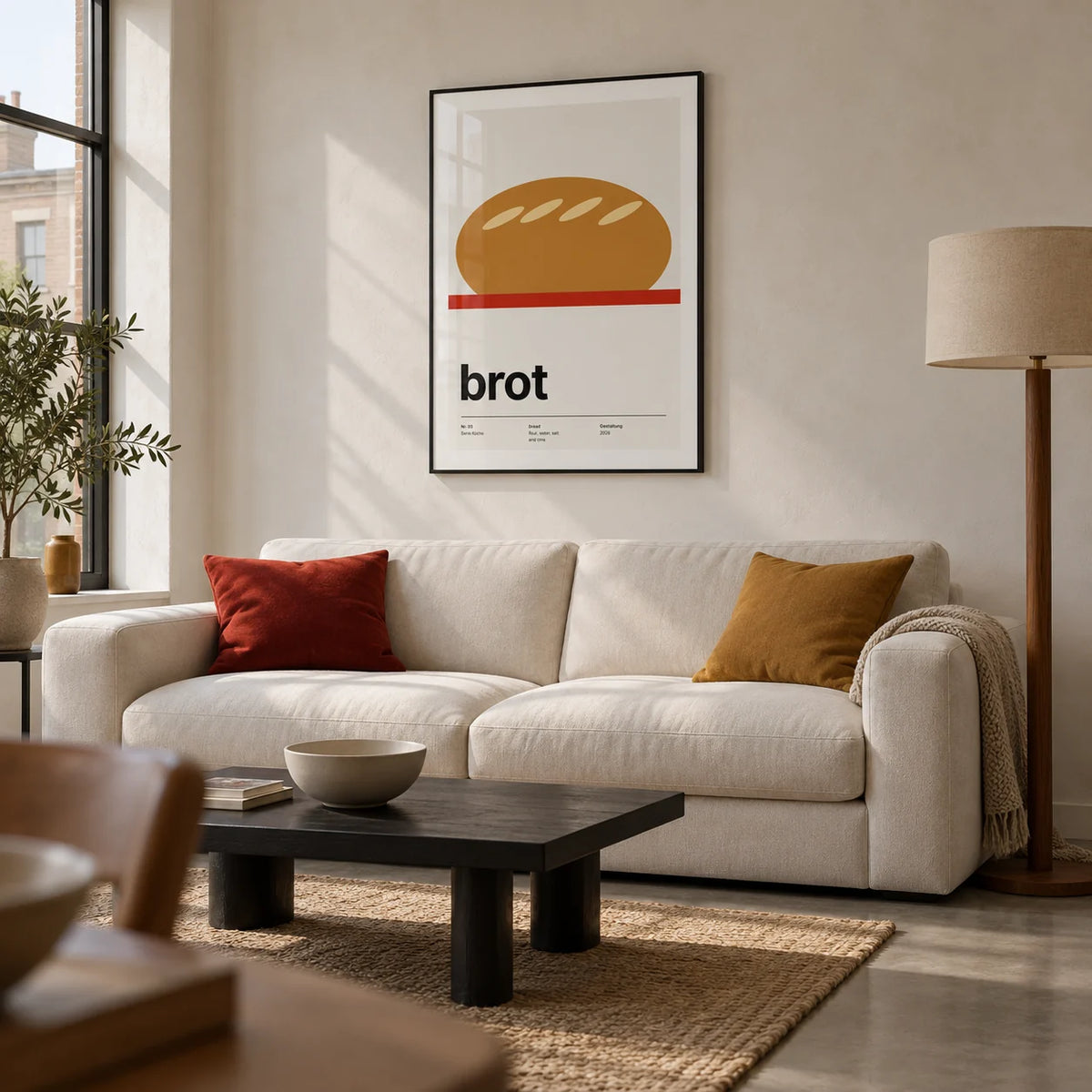 Bread Poster, framed on the wall of a modern living room in a UK city flat with pale plaster walls and a polished concrete floor