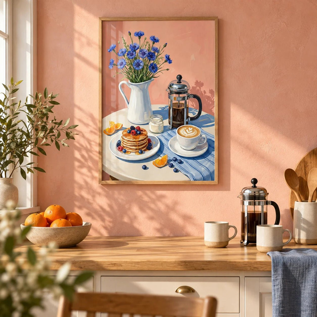 Breakfast Art Print, framed on the wall of a bright kitchen with a soft peach limewashed wall
