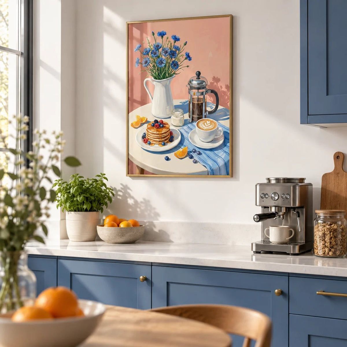 Breakfast Art Print, framed on the wall of a modern kitchen with solid cornflower blue cabinets and a white wall