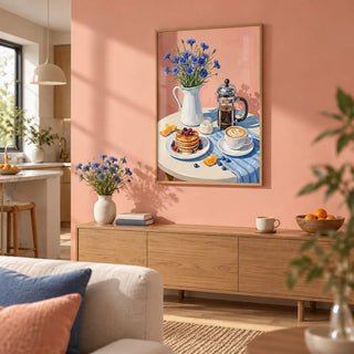 Breakfast Art Print, framed on the wall of a open-plan living-kitchen with a peach pink wall