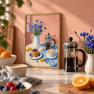 Breakfast Art Print, a small A4 framed print leaning on a worktop in a kitchen