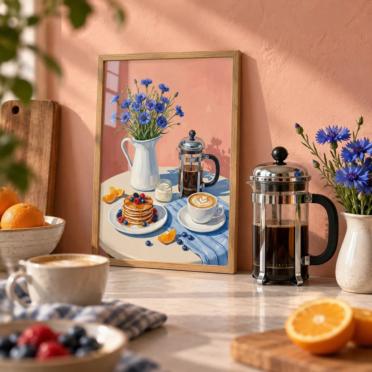 Breakfast Art Print, a small A4 framed print leaning on a worktop in a kitchen