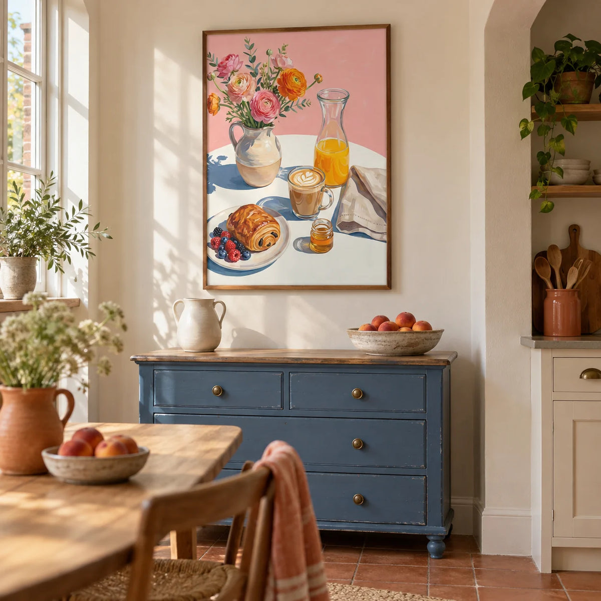 Breakfast Wall Art, framed on the wall of a characterful kitchen-diner in a renovated UK Victorian terrace with pale cream plaster walls and terracotta floor tiles
