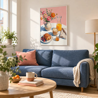 Breakfast Wall Art, framed on the wall of a cheerful contemporary living room in a UK maisonette with warm white walls and pale oak flooring