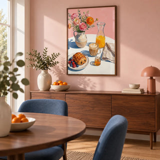 Breakfast Wall Art, framed on the wall of a relaxed modern dining room in a UK first home (25-35) with a pale blush wall and oak floor