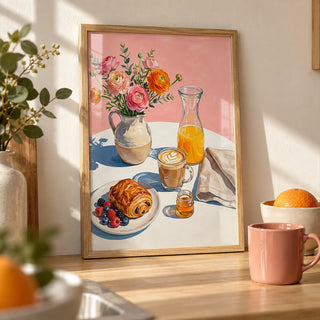 Breakfast Wall Art, a small A4 framed print leaning on a pale oak kitchen worktop