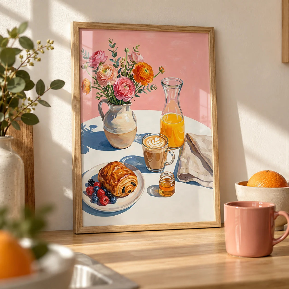 Breakfast Wall Art, a small A4 framed print leaning on a pale oak kitchen worktop