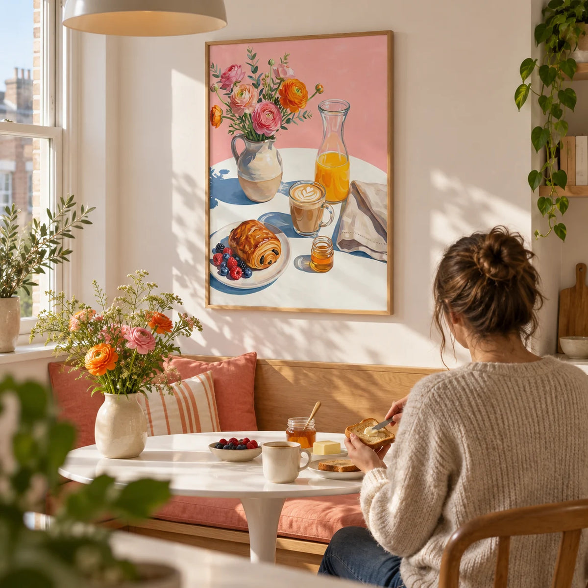 Breakfast Wall Art, framed on the wall of a sunny breakfast nook in a UK flat with a warm white wall and built-in oak bench in a kitchen