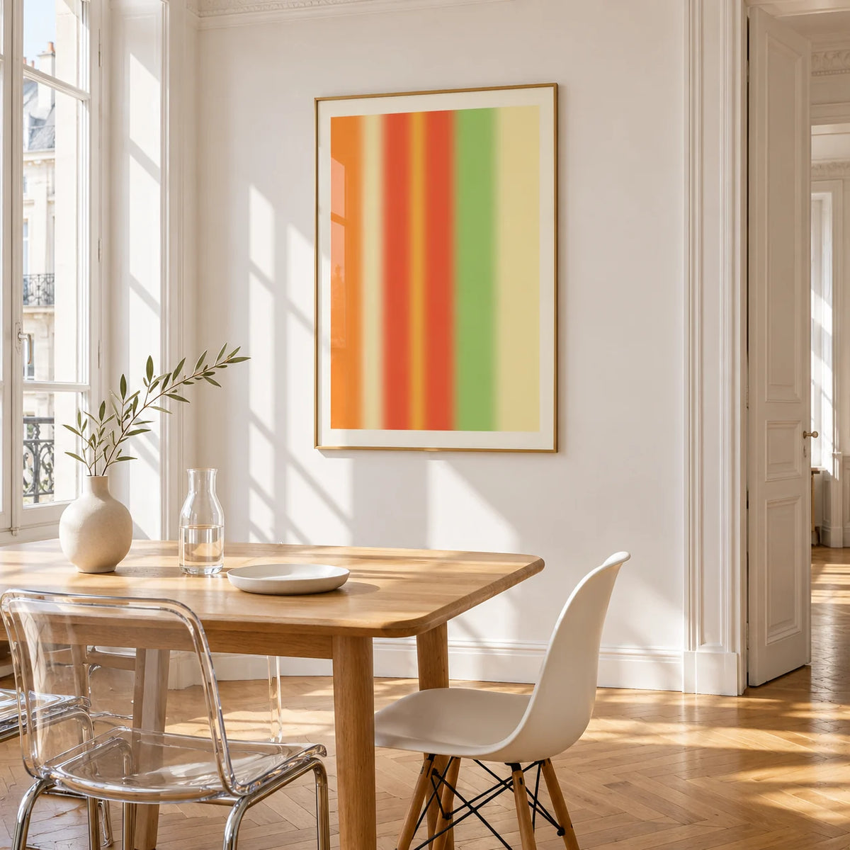 Bright Abstract Wall Art, framed on the wall of a bright dining corner