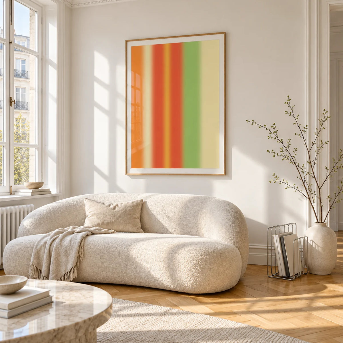 Bright Abstract Wall Art, framed on the wall of a bright living room corner