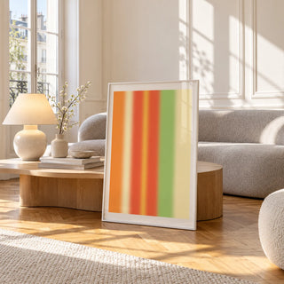 Bright Abstract Wall Art, framed and leaning against a coffee table in a bright living room