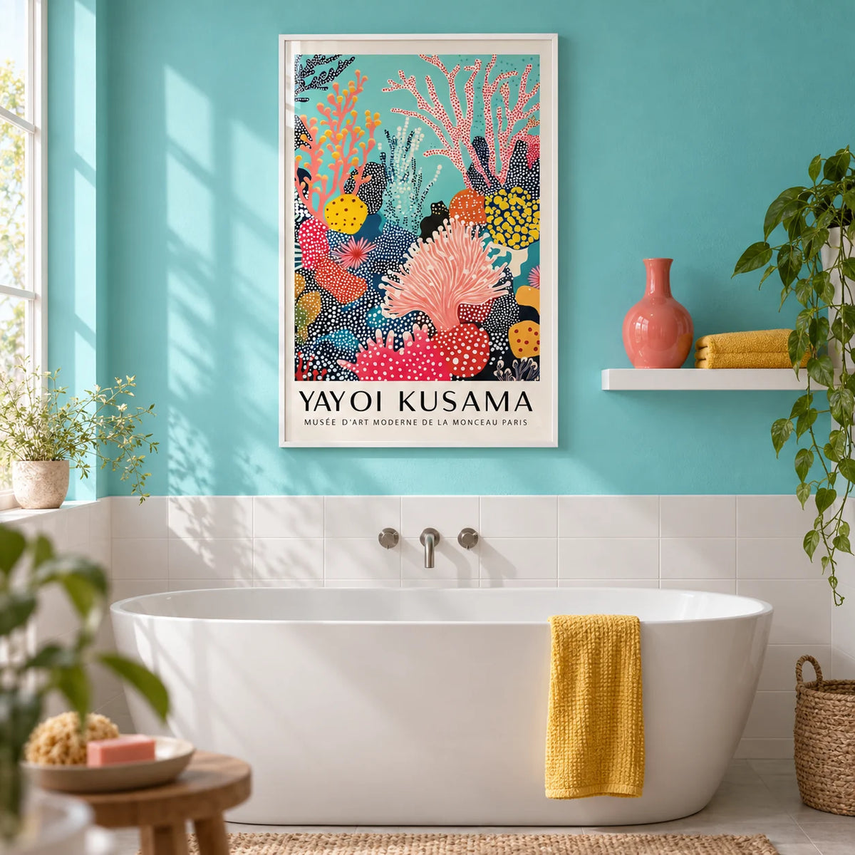 Bright Wall Art, framed on the wall of a bright bathroom with a turquoise painted wall and plain white tiles