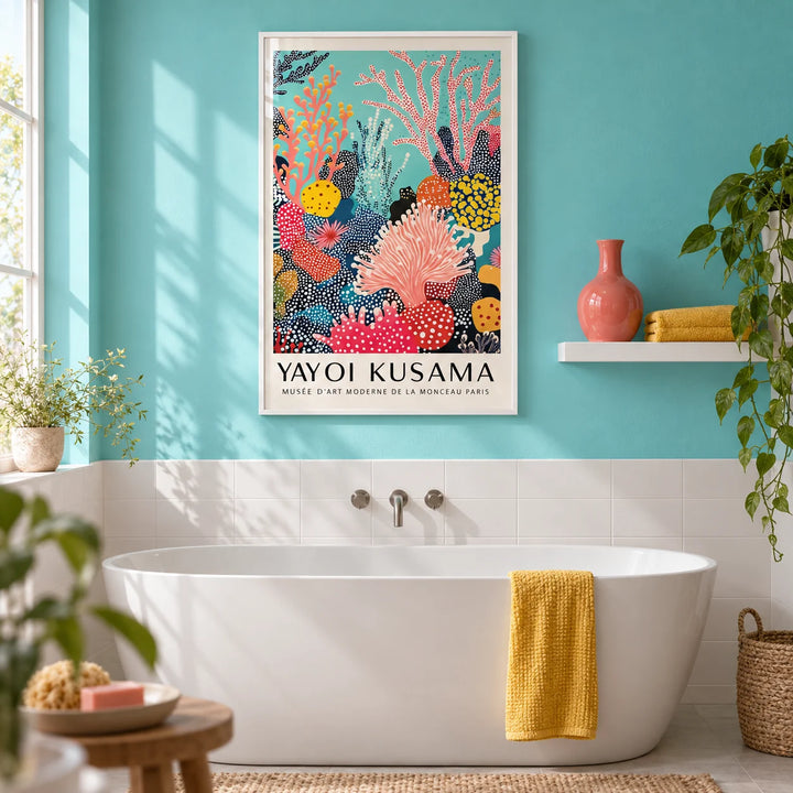 Bright Wall Art, framed on the wall of a bright bathroom with a turquoise painted wall and plain white tiles