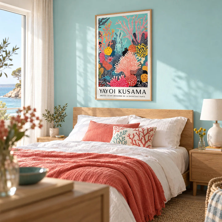 Bright Wall Art, framed on the wall of a bright bedroom by the sea with a pale turquoise wall