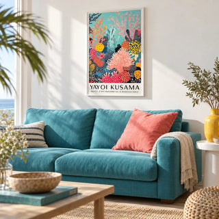 Bright Wall Art, framed on the wall of a bright coastal living room with a white wall and a pale oak floor