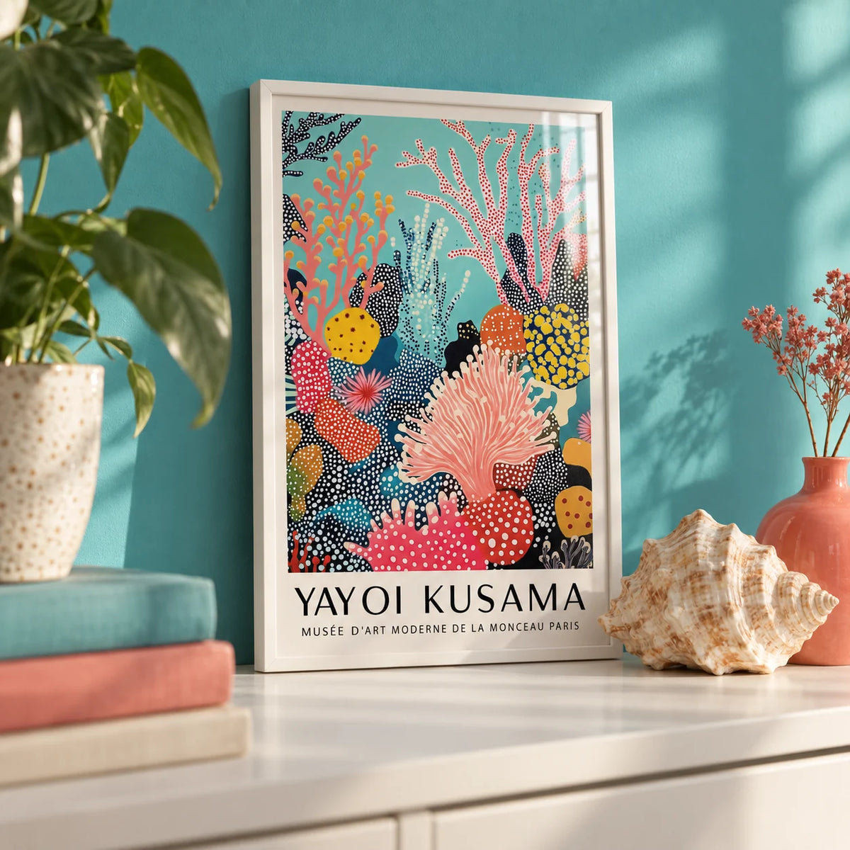 Bright Wall Art, a small A4 framed print leaning on a white shelf in a living room