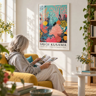 Bright Wall Art, framed on the wall of a sunny reading corner with a white wall in a living room