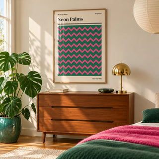 Brighton Print, framed on the wall of a bright bedroom corner with a pale wall