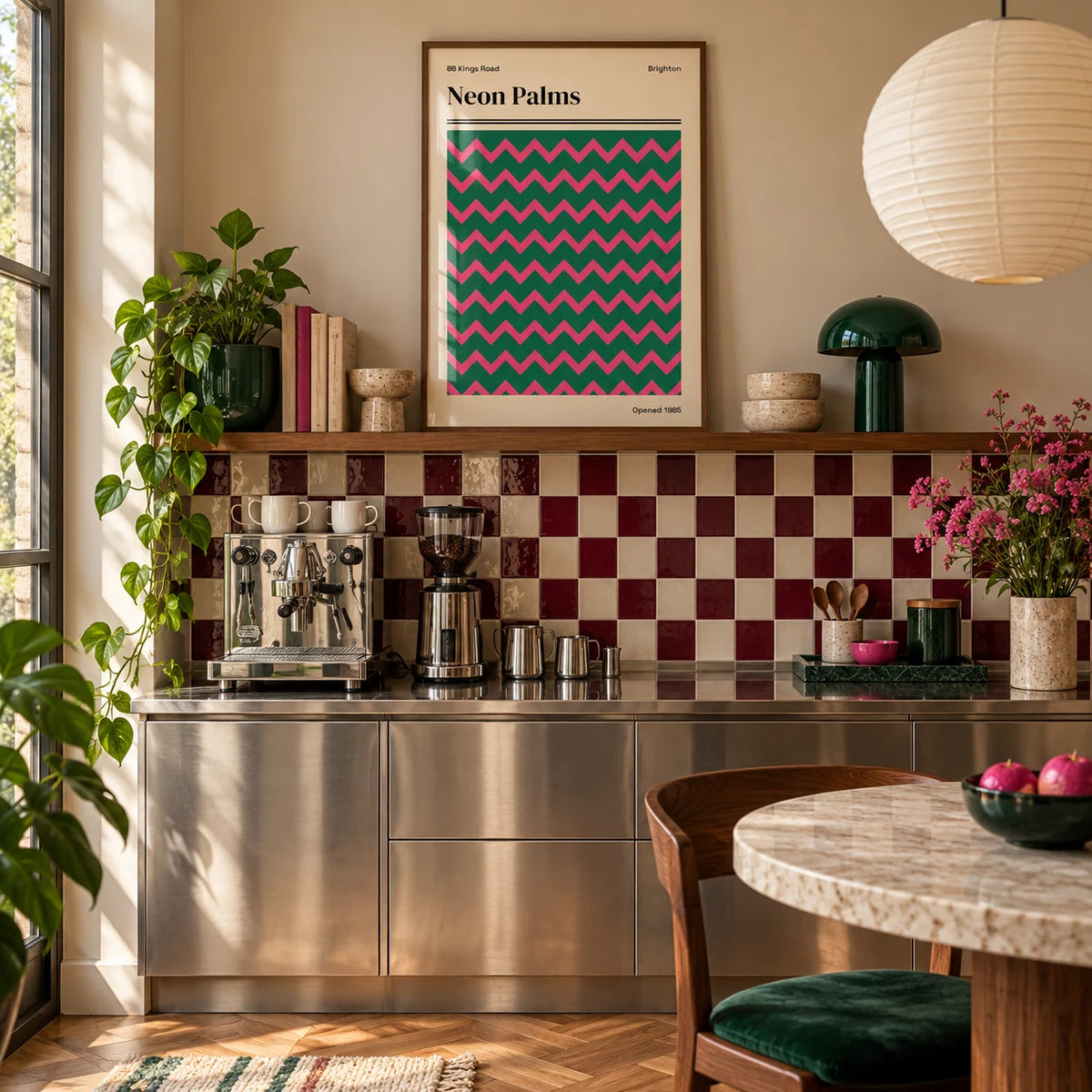 Brighton Print, framed on the wall of a stylish coffee nook