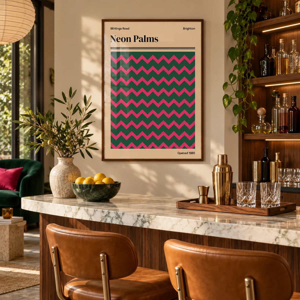 Brighton Print, framed on the wall of a stylish home bar in a living room