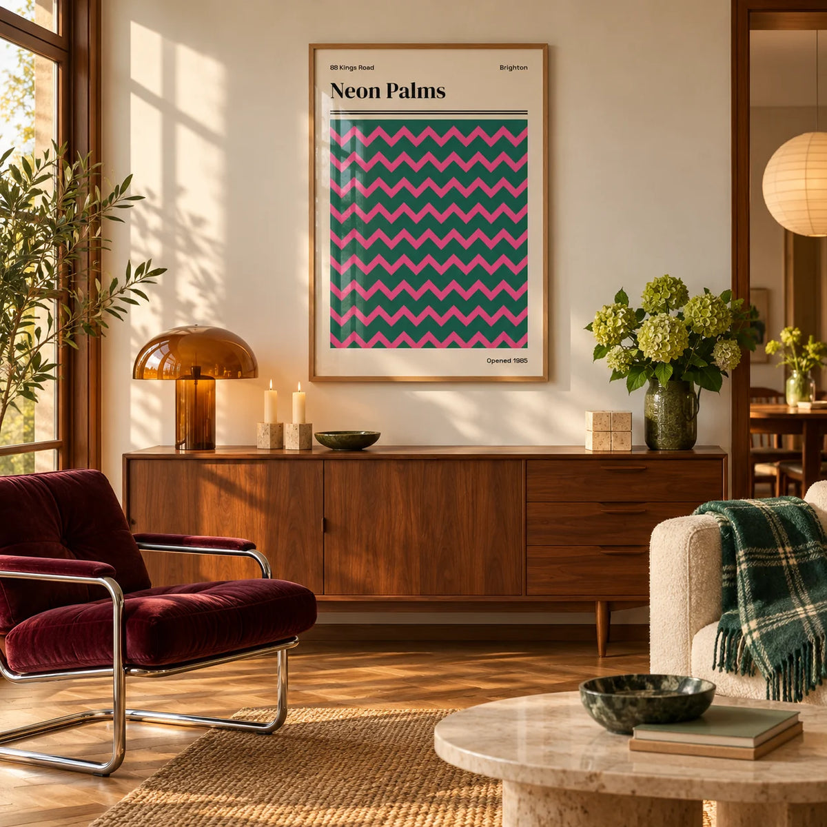 Brighton Print, framed on the wall of a warm mid-century living room in late afternoon light