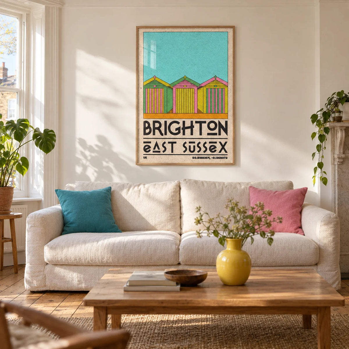 Brighton Travel Print, framed on the wall of a characterful living room in a Brighton Victorian terrace with warm white plaster walls