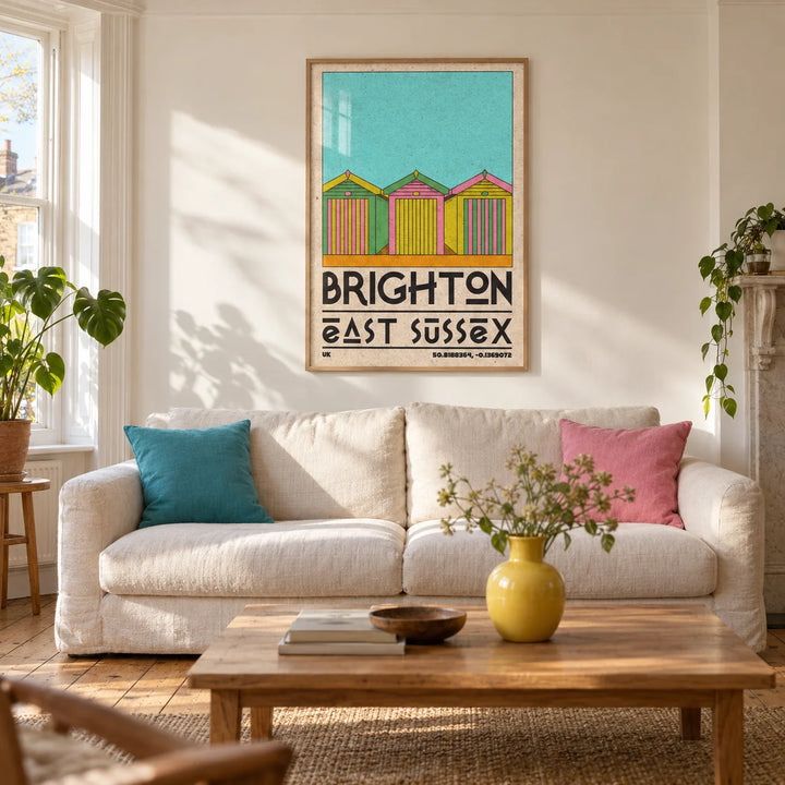 Brighton Travel Print, framed on the wall of a characterful living room in a Brighton Victorian terrace with warm white plaster walls