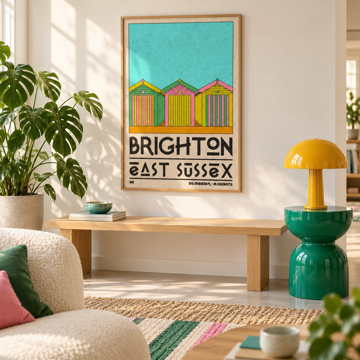 Brighton Travel Print shown in a minimalist living room with an oak bench (frame not included)