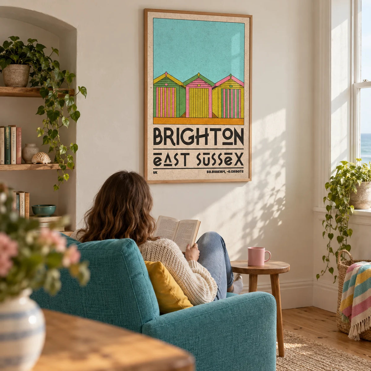 Brighton Travel Print, framed on the wall of a relaxed reading corner in a seaside maisonette with an ivory wall in a living room
