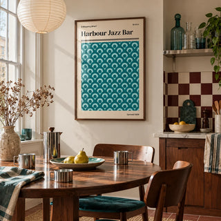 Bristol Print, framed on the wall of a kitchen dining corner by a tall window in soft daylight