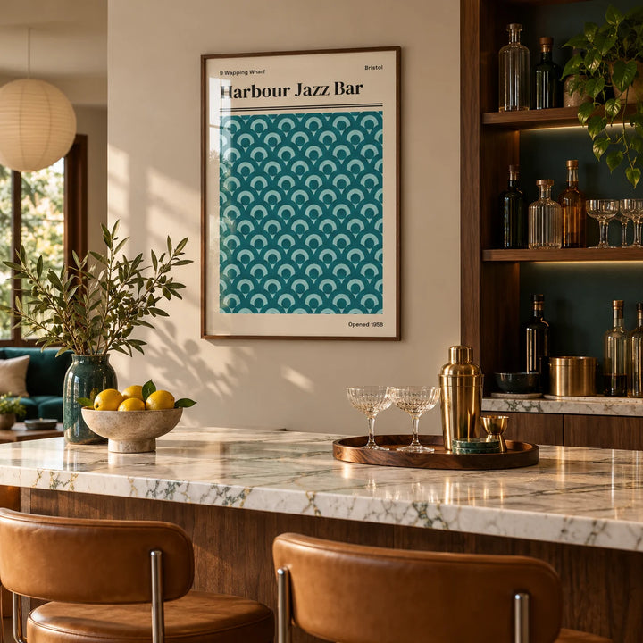 Bristol Print, framed on the wall of a stylish home bar in a living room
