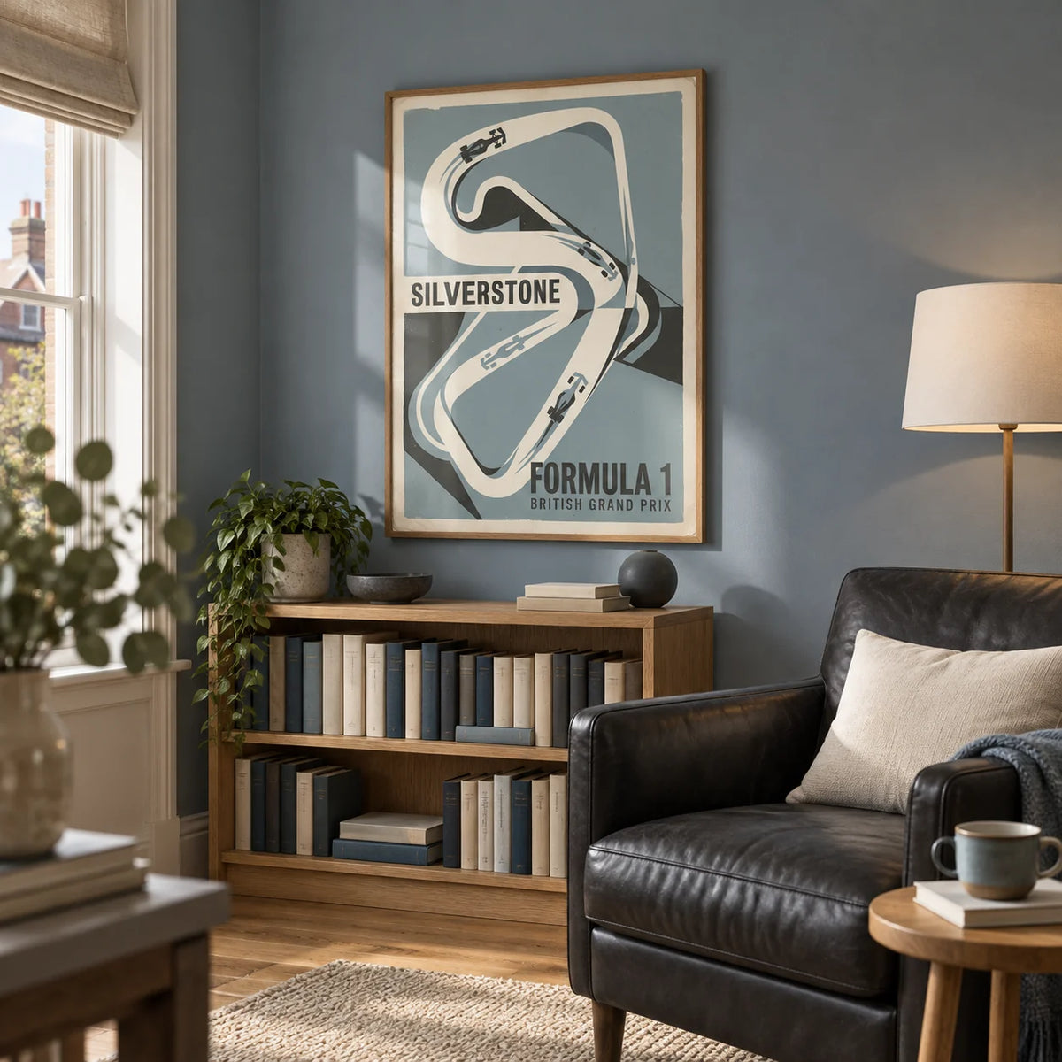 British Race Track Map Poster, framed on the wall of a compact upstairs snug in a British townhouse with a muted dusty blue wall and warm timber floor in a living room