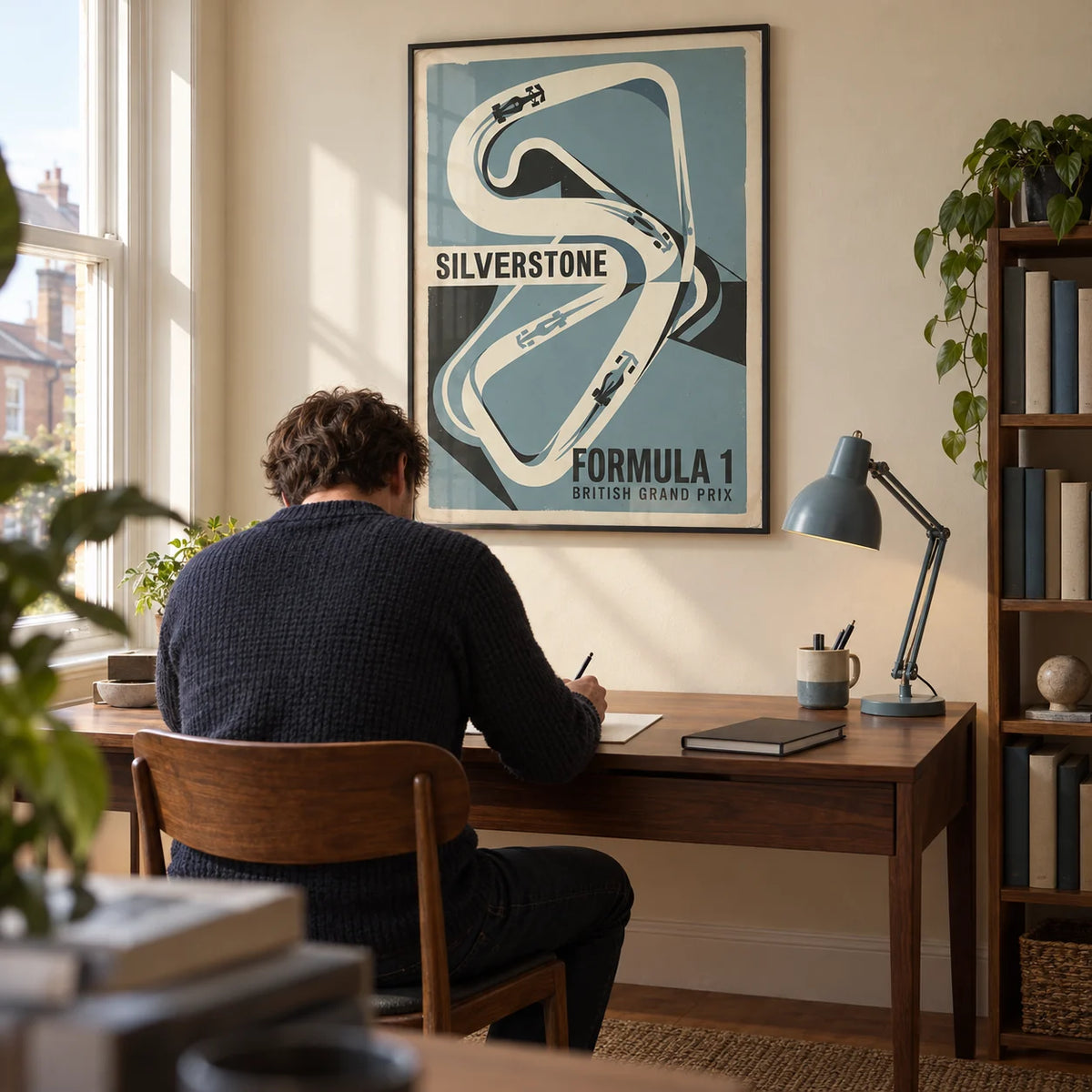 British Race Track Map Poster, framed on the wall of a motorsport enthusiast's home study in a UK terraced house with a warm cream wall