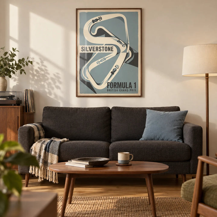 British Race Track Map Poster, framed on the wall of a warm retro living room in a British first flat (22-30) with an ivory wall and oak floor