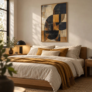 Brown Abstract Wall Art, framed on the wall of a calm bedroom