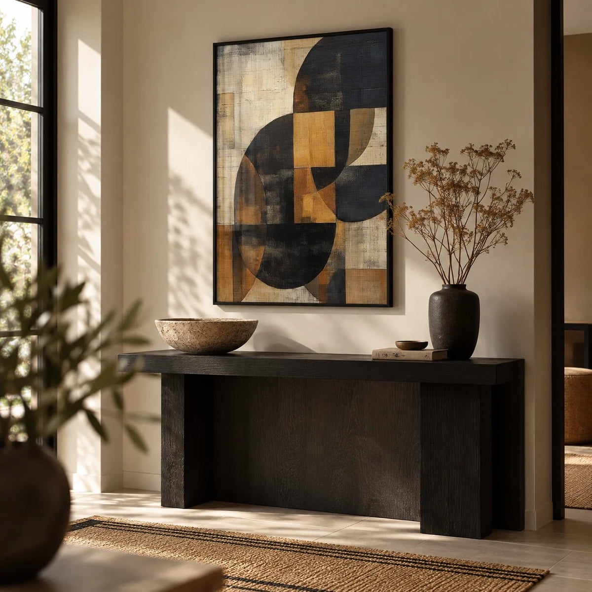 Brown Abstract Wall Art, framed on the wall of a calm entryway