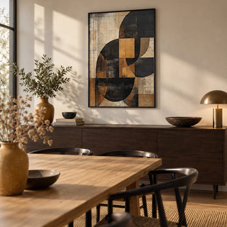 Brown Abstract Wall Art, framed on the wall of a modern dining room