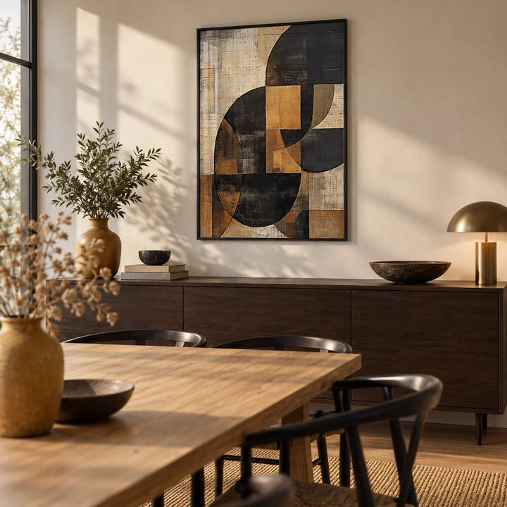 Brown Abstract Wall Art, framed on the wall of a modern dining room