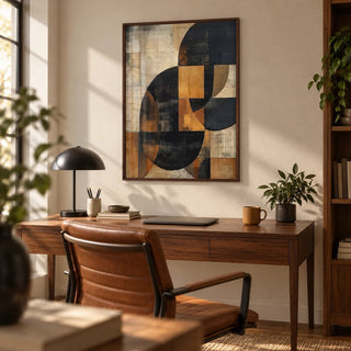 Brown Abstract Wall Art, framed on the wall of a stylish home office