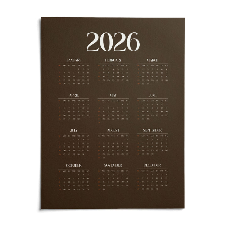 Brown Calendar Print, shown as an unframed paper print on a plain white background