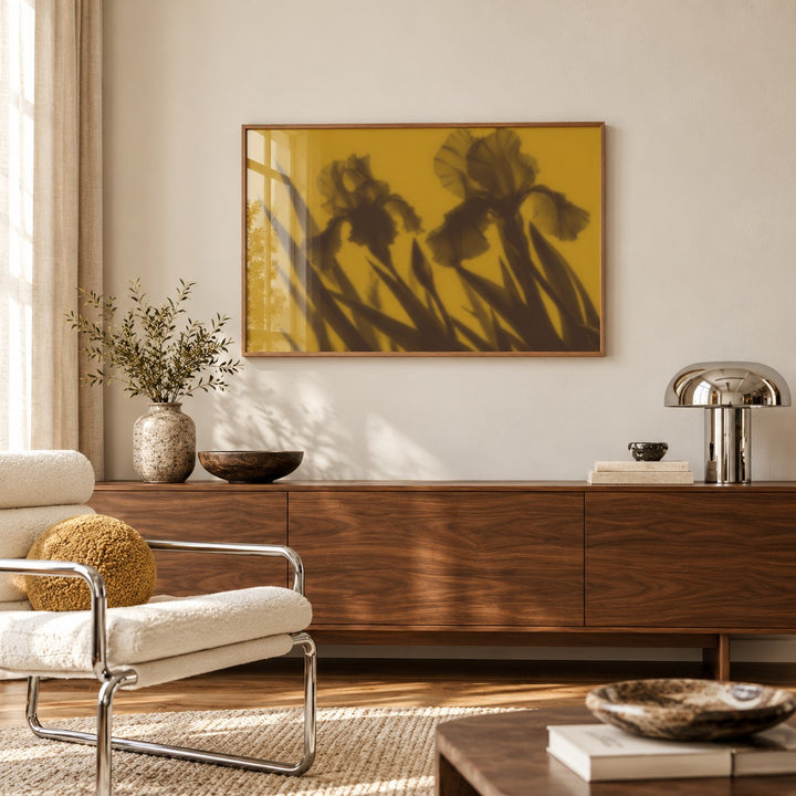 Brown Iris Print styled above a sideboard (frame not included)